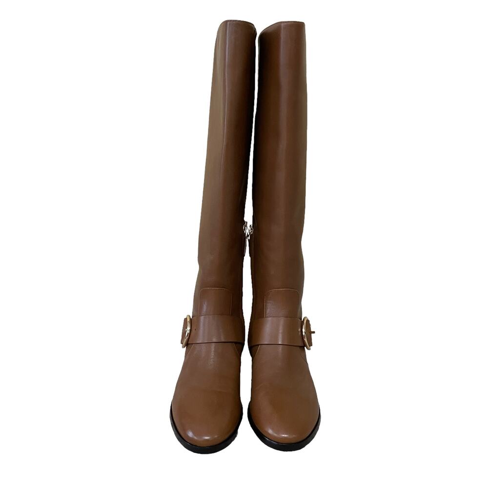Tory Burch Sofia Tall Riding Boots Leather Logo Festive Brown Size 7 - Picture 4 of 12